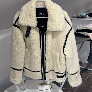 Zara Cream Fleece Jacket with Black Trim